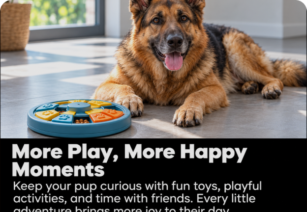 A German shepherd enjoying a puzzle toy in a Pup News feature